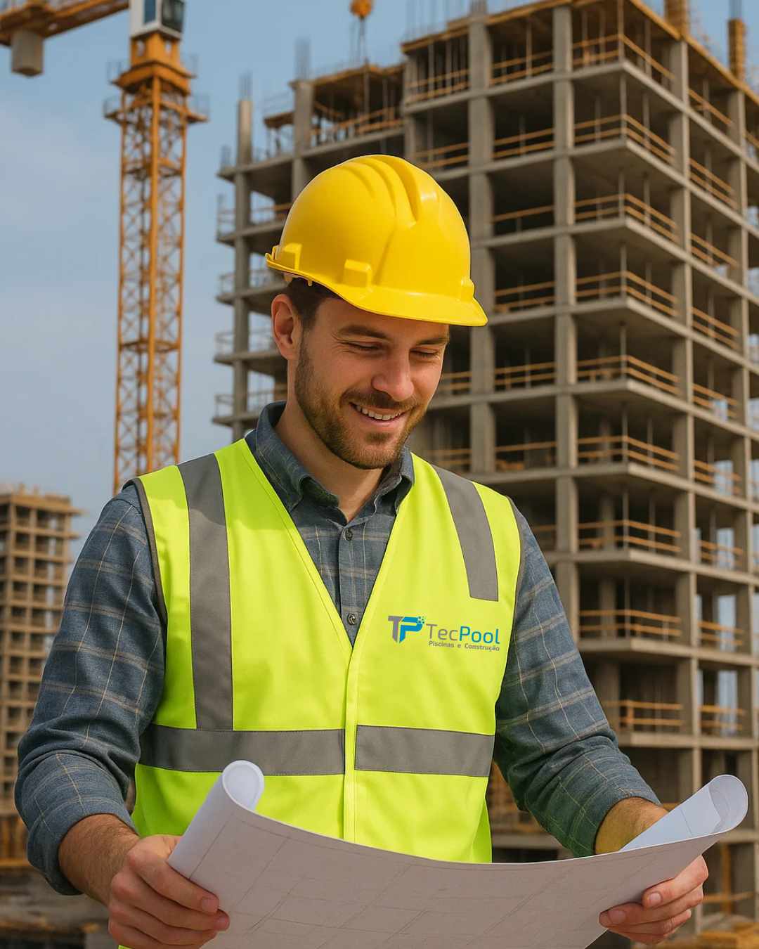 Técnico de construção civil a analisar plantas numa obra em desenvolvimento